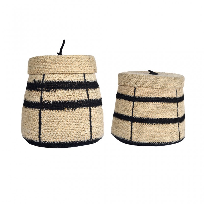 BASKET O WITH TOP NATURAL BLACK SET OF 2